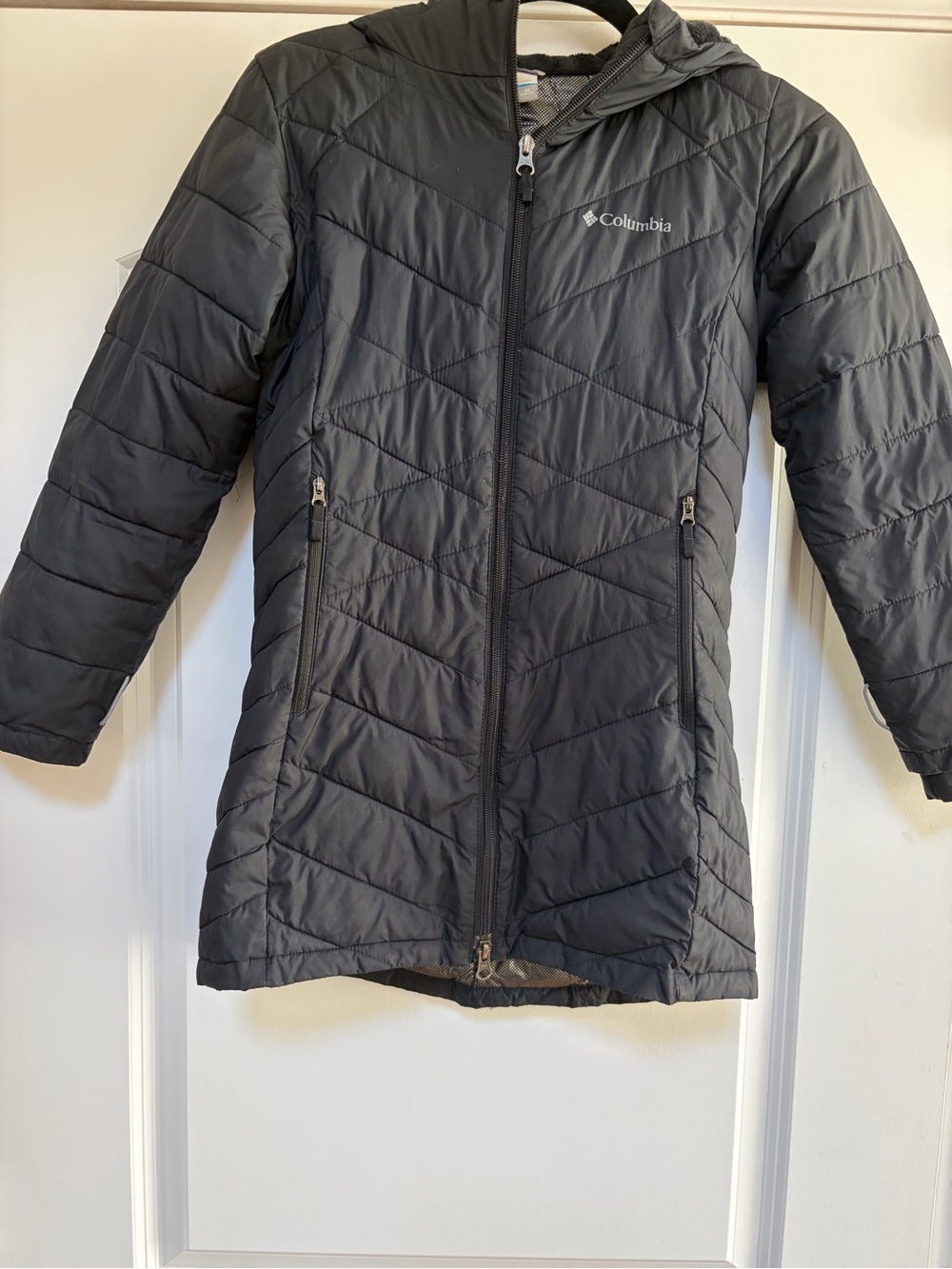 Columbia Puffer Jacket Girls Med 10-12 Black Omni Heat Hooded Pockets Ski Hiking